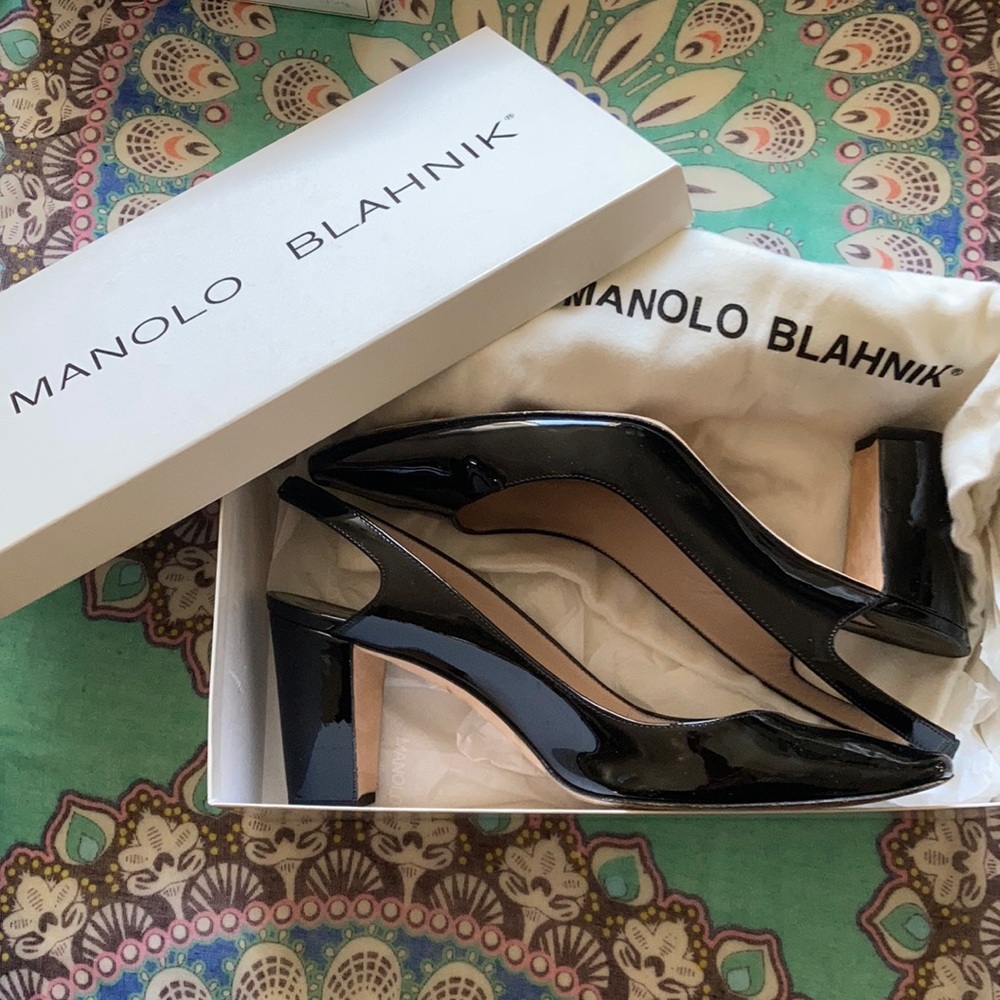 Manolo Blahnik black patent leather sling backs